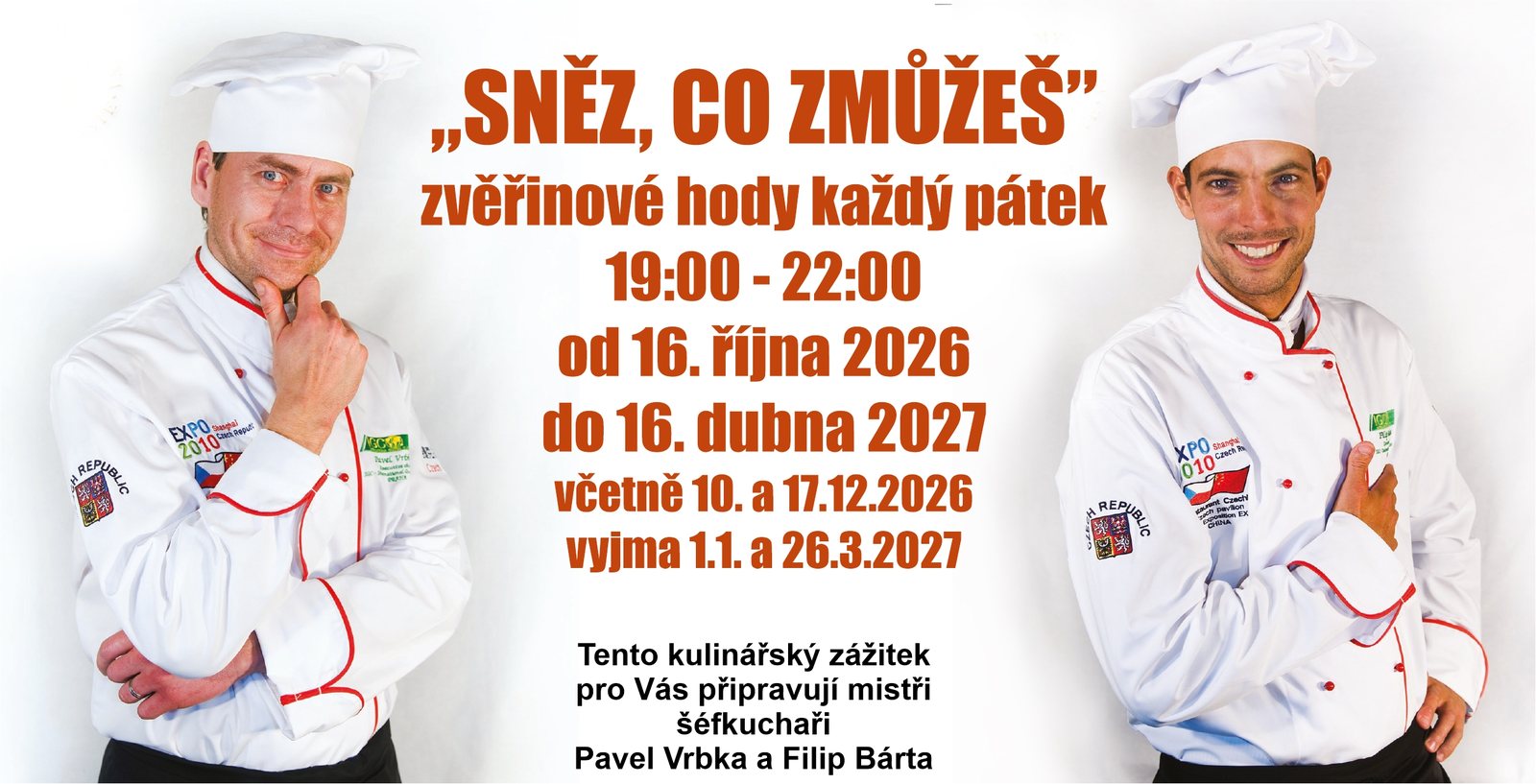 Sněz, co zmůžeš — zvěřinové hody každý pátek 19:00–22:00, od 16. října 2026 do 16. dubna 2027